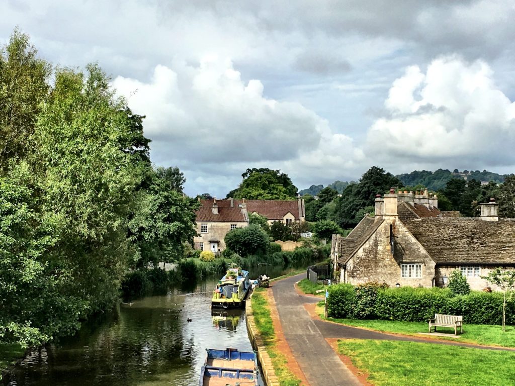Bathampton, looking down onto the Kennet and Avon canal. The George Pub on the right. Photo by JFPenn
