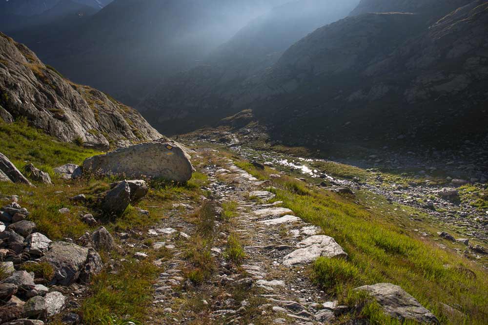 Grand St Bernard Pass final stages with ancient stone path. Photo copyright Derry Brabbs. Used with permission.