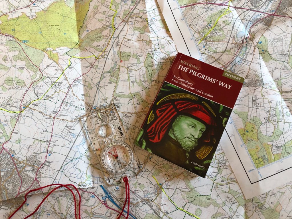 Walking the Pilgrims Way guidebook and OS maps. Photo by JFPenn