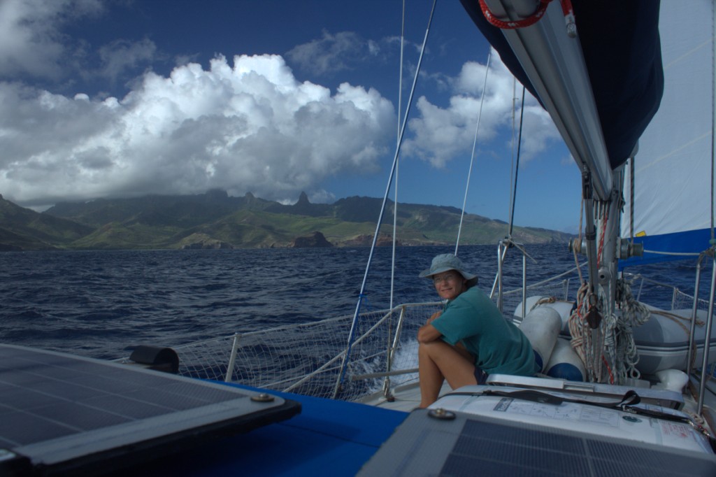 Ua Pou: Approaching the island after an overnight sail. Photo by Nadine Slavinski