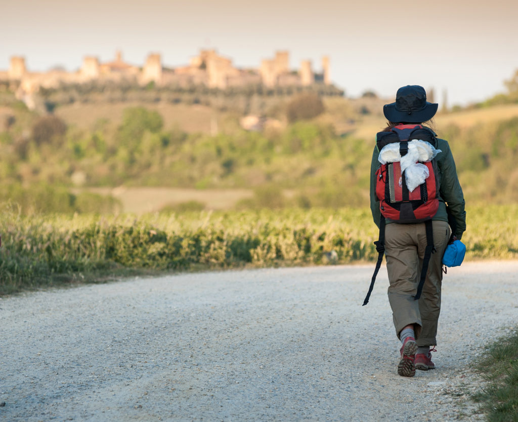 Walking on Via Francigena near Monteriggioni Tuscany Italy