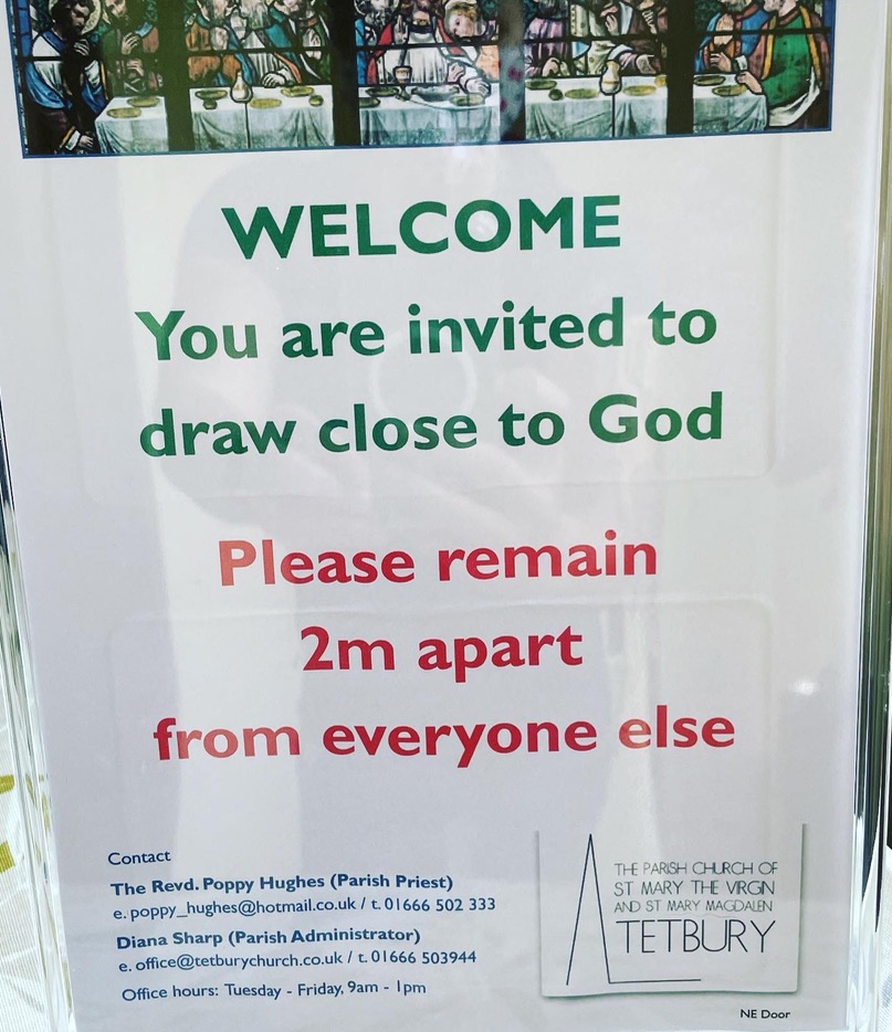 Draw near to God, remain 2m from everyone else. Tetbury church, Cotswolds, May 2021