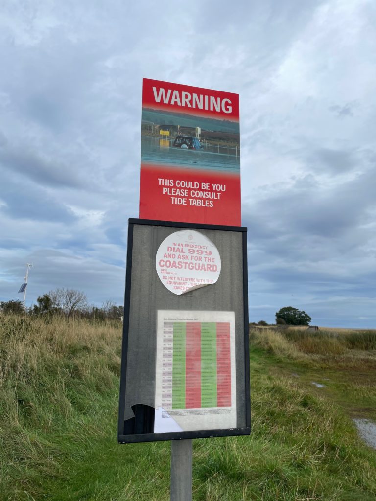 Tidal warning at Lindisfarne Crossing Photo by JFPenn