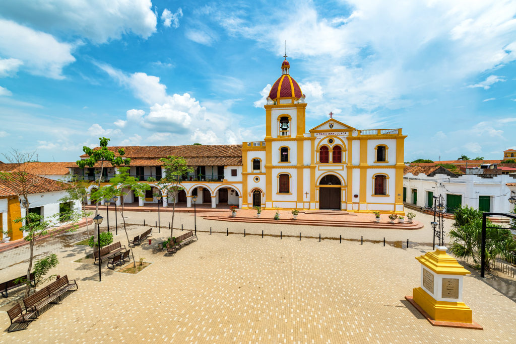 Church of the Immaculate Conception and plaza from above in Mompox Colombia