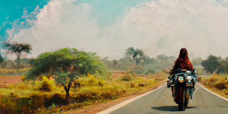 woman riding a motorbike in an Indian landscape