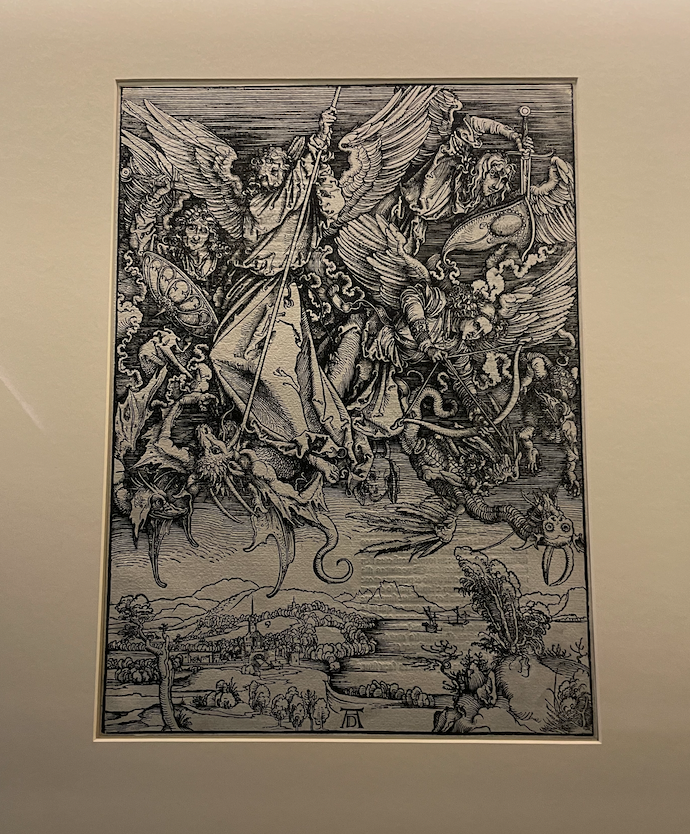 Durer's woodcut print. Michael fighting the Dragon, Nuremberg. Germany.