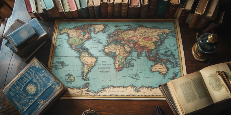 world map and books