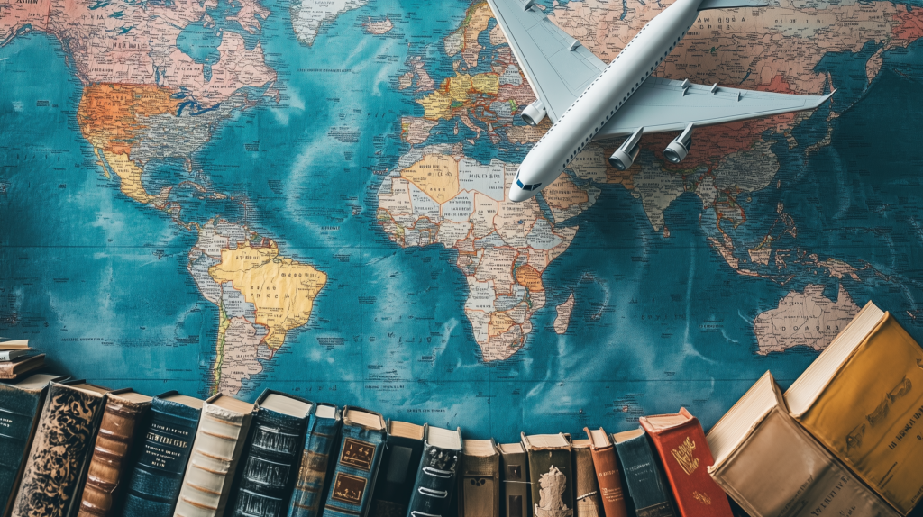 books and travel map plane