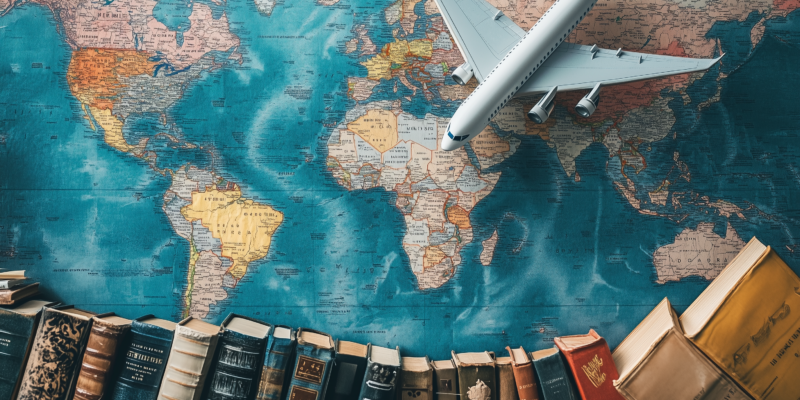 books and travel map plane
