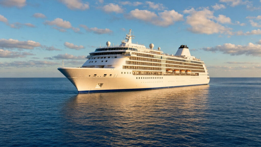White cruise ship on a calm blue sea in late-afternoon light