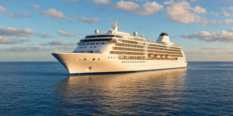 White cruise ship on a calm blue sea in late-afternoon light