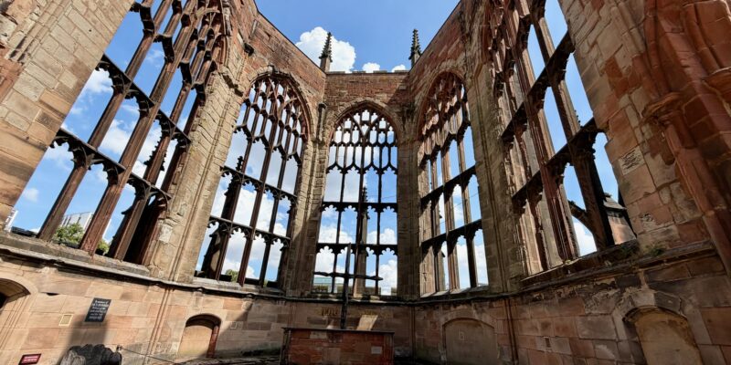 The roofless sanctuary of the ruined St Michael's, Coventry Cathedral. Photo by JFPenn