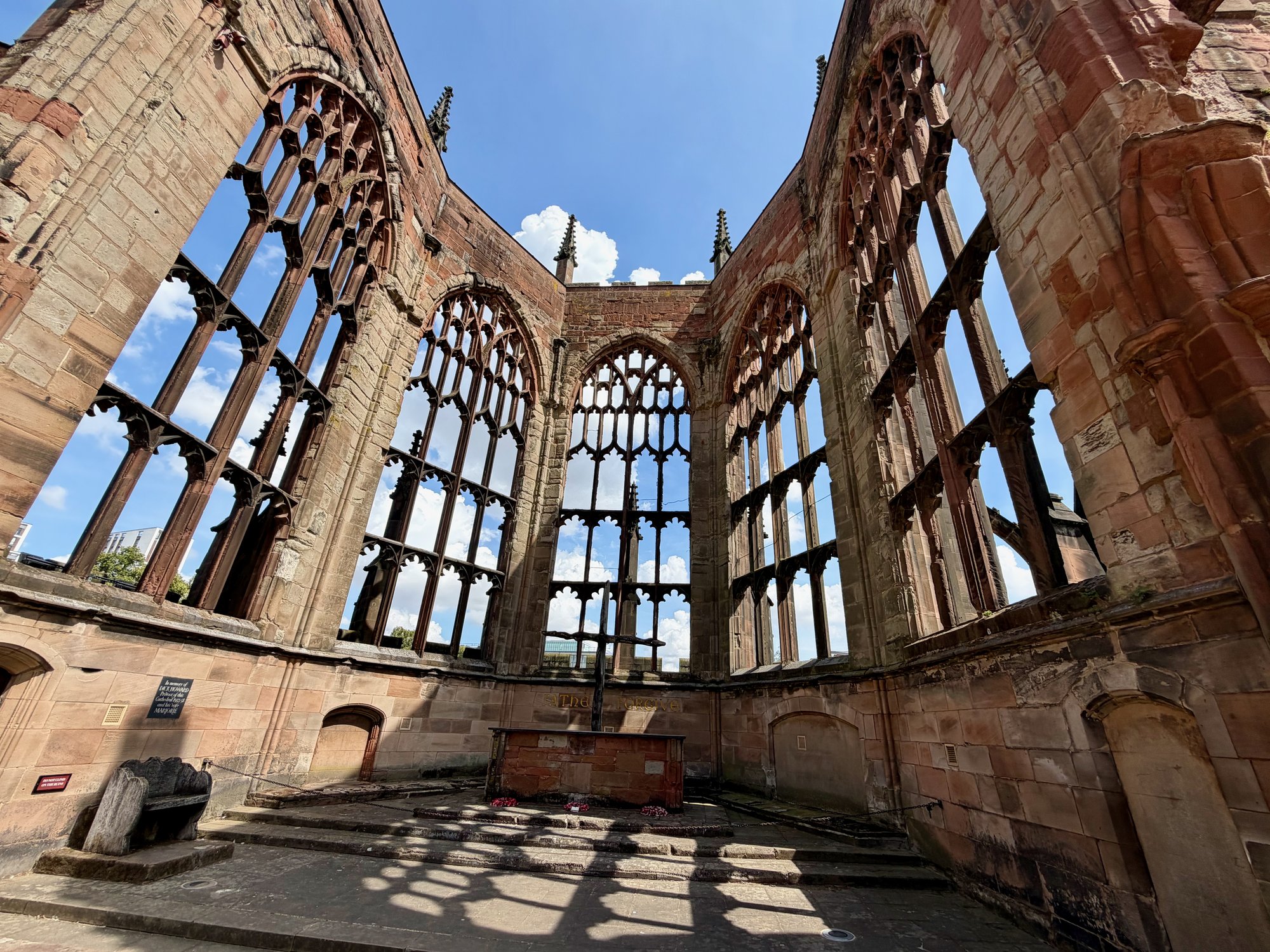 The roofless sanctuary of the ruined St Michael's, Coventry Cathedral. Photo by JFPenn