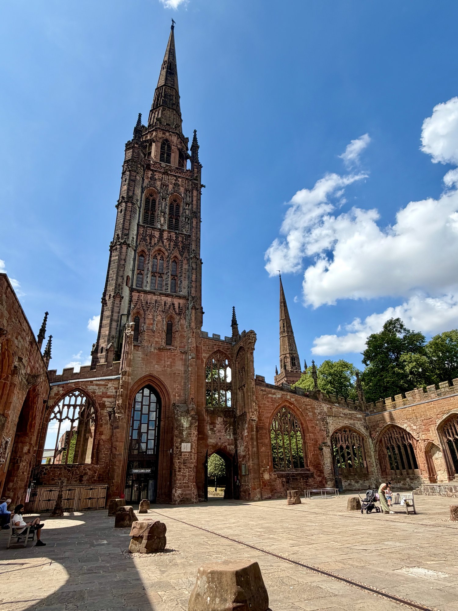 The surviving tower and spire seen from inside the ruins, Coventry Cathedral. Photo by JFPenn
