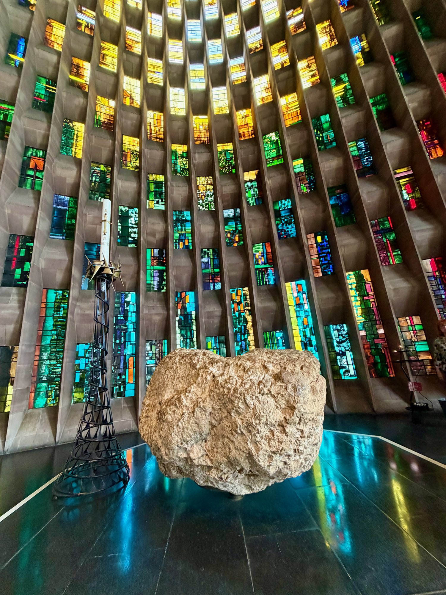 The font, a boulder from a hillside near Bethlehem, Coventry Cathedral. Photo by JFPenn