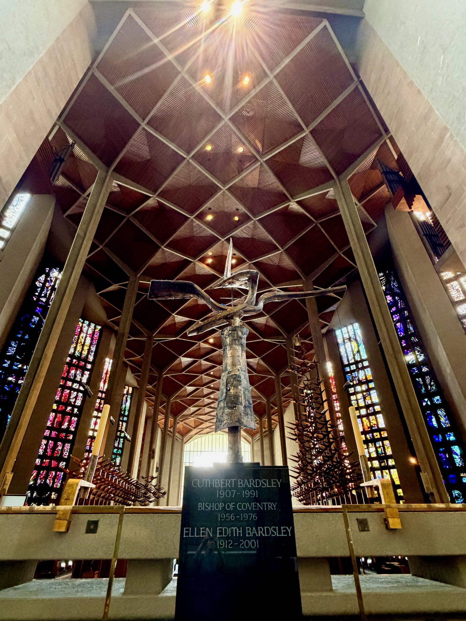 Looking back down the nave to the ceiling canopy, Coventry Cathedral. Photo by JFPenn