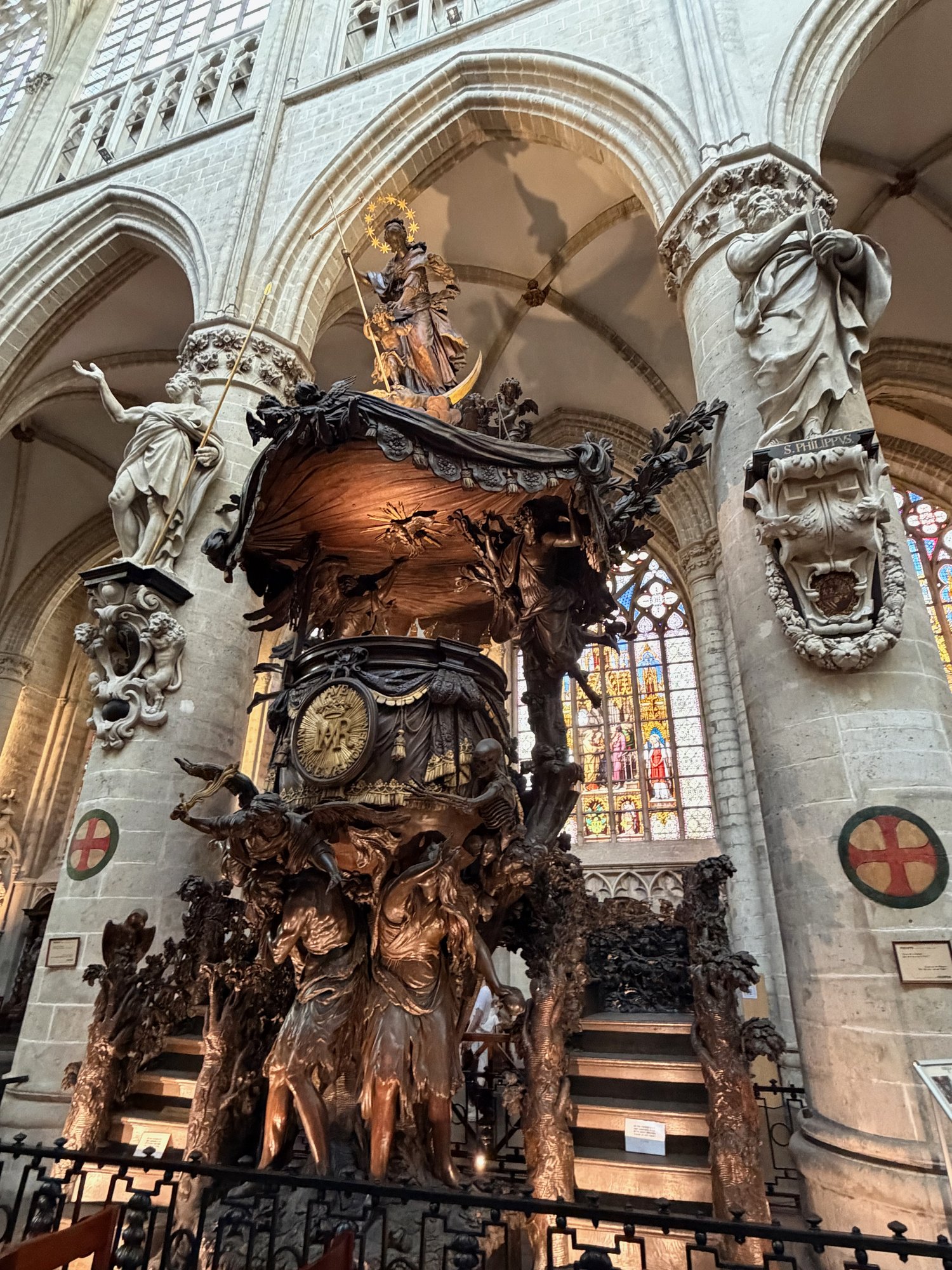 The pulpit by Henri-François Verbruggen, Cathedral of St Michael and St Gudula, Brussels. Photo by JFPenn