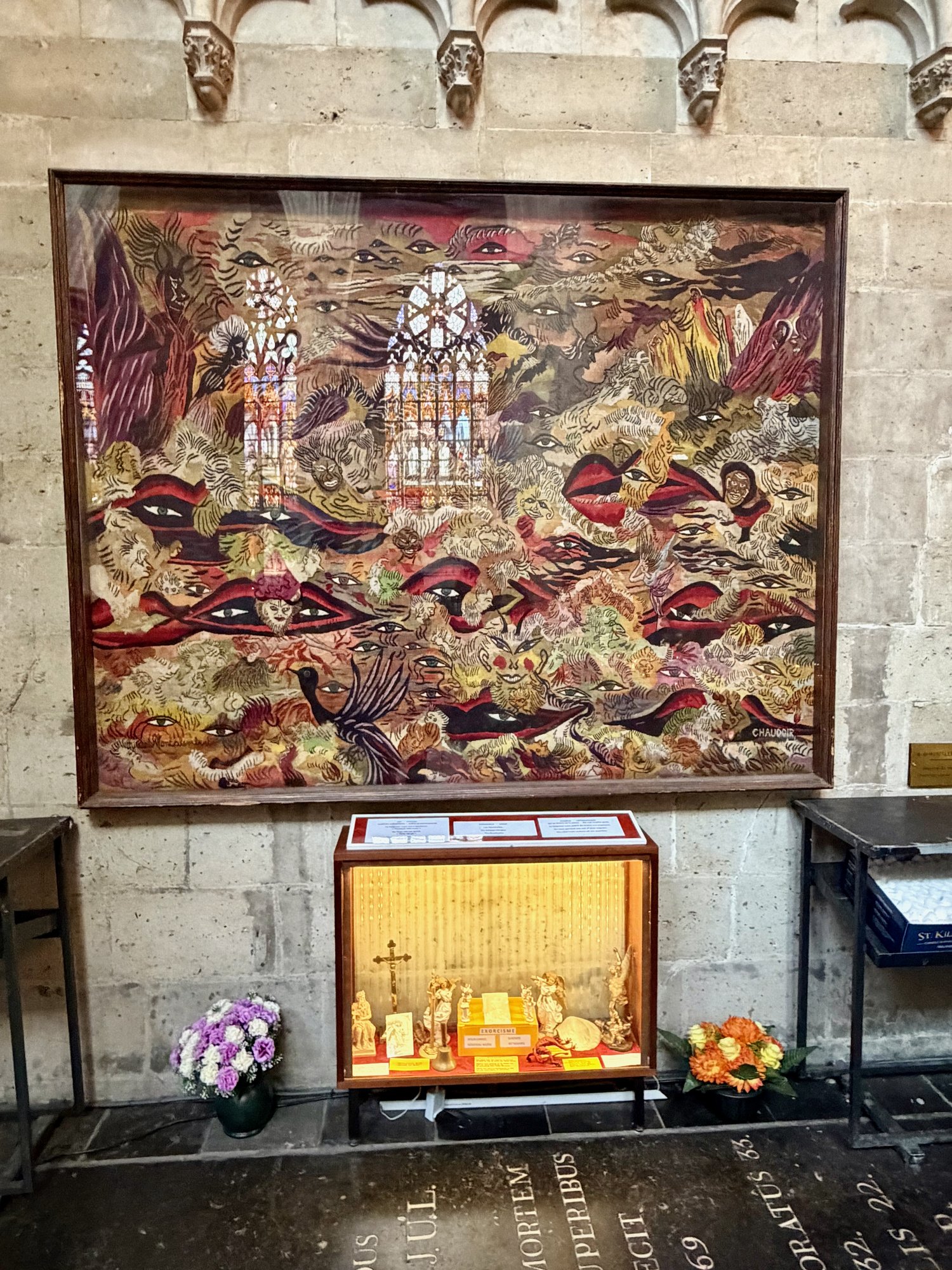 Exorcism display and tapestry of eyes, Cathedral of St Michael and St Gudula, Brussels. Photo by JFPenn