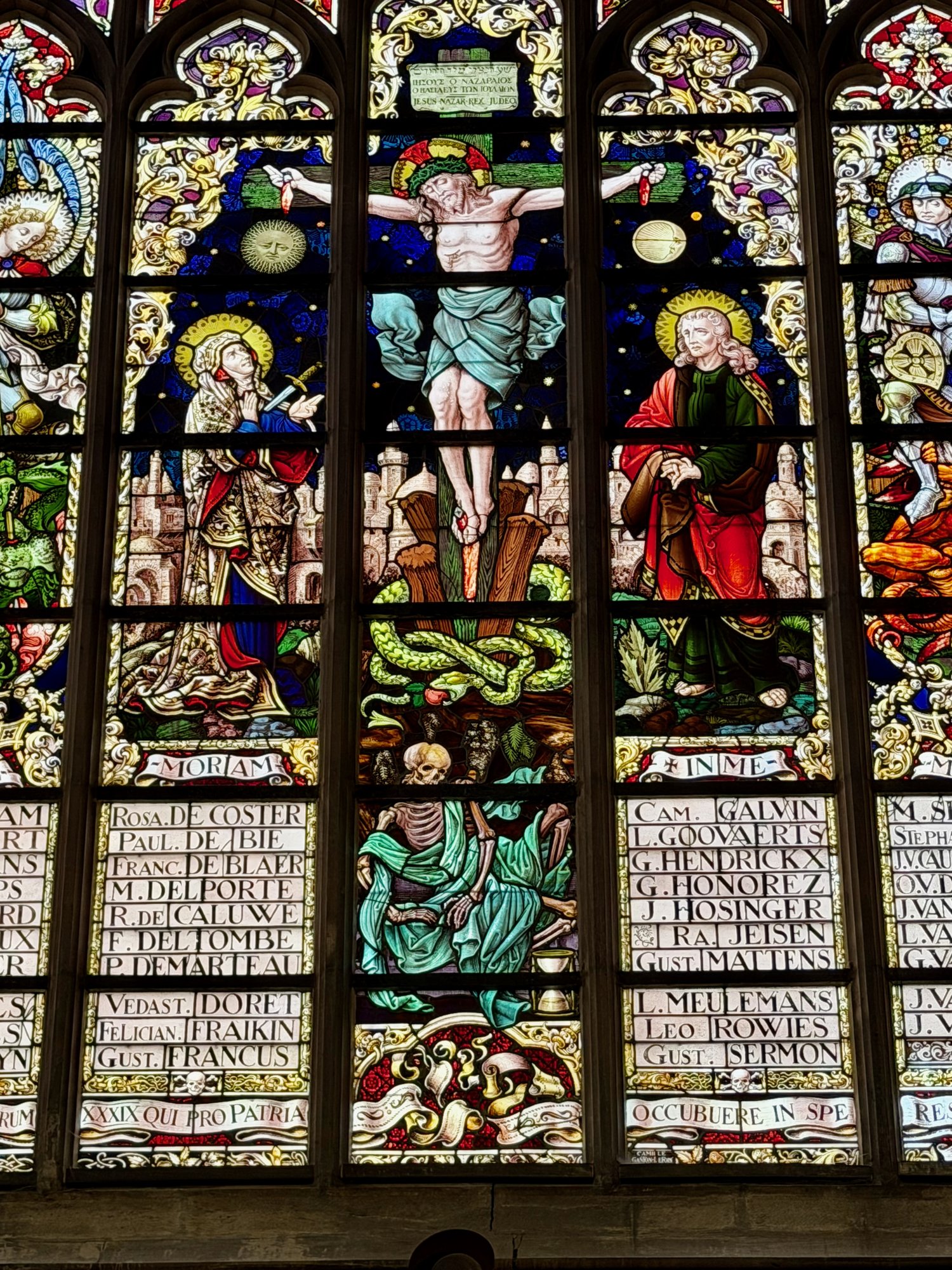 War memorial window with Death and hourglass, Church of Our Lady of the Sablon, Brussels. Photo by JFPenn