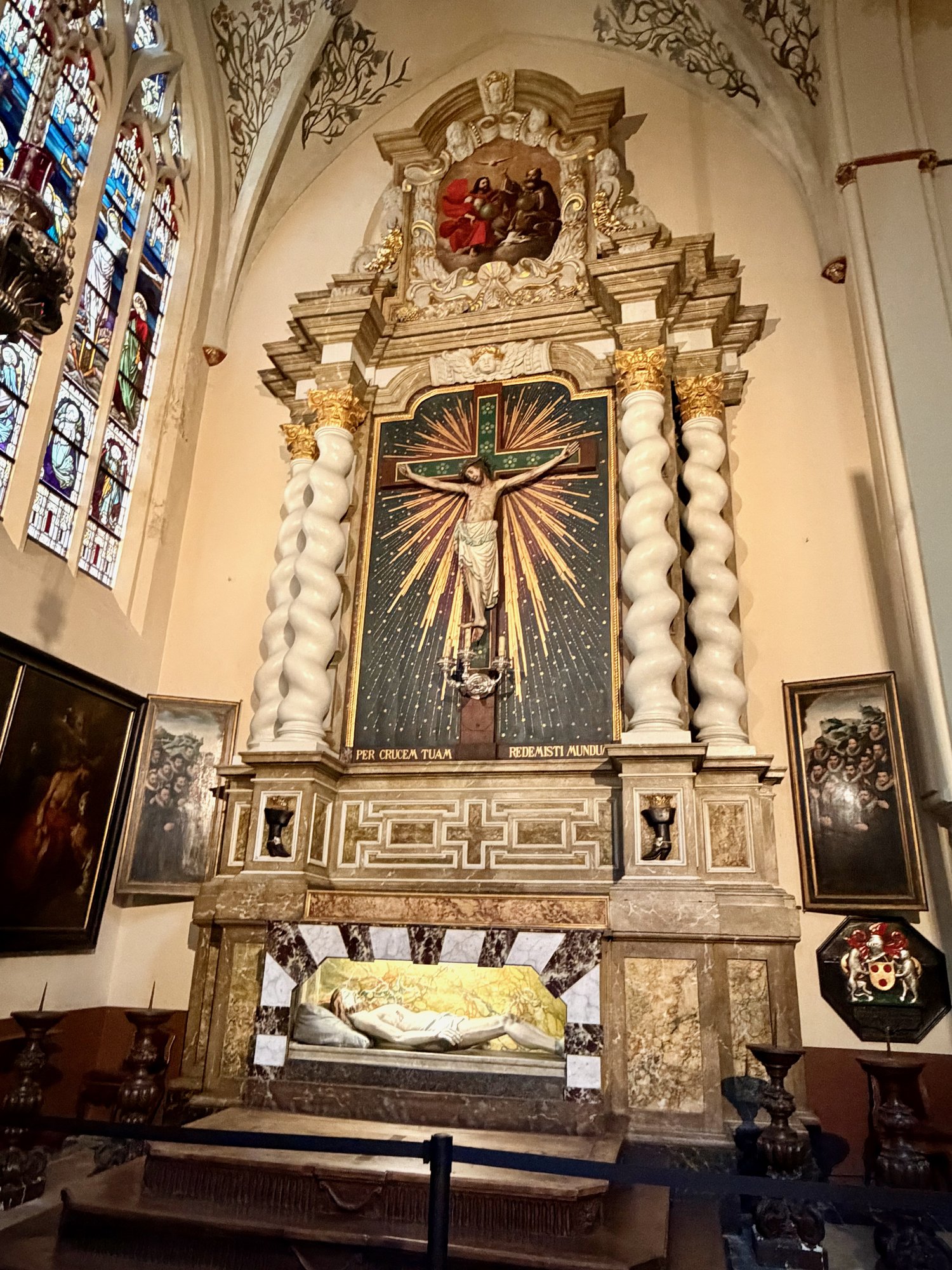 Altar of the Holy Cross with the dead Christ below, St Saviour's Cathedral, Bruges. Photo by JFPenn