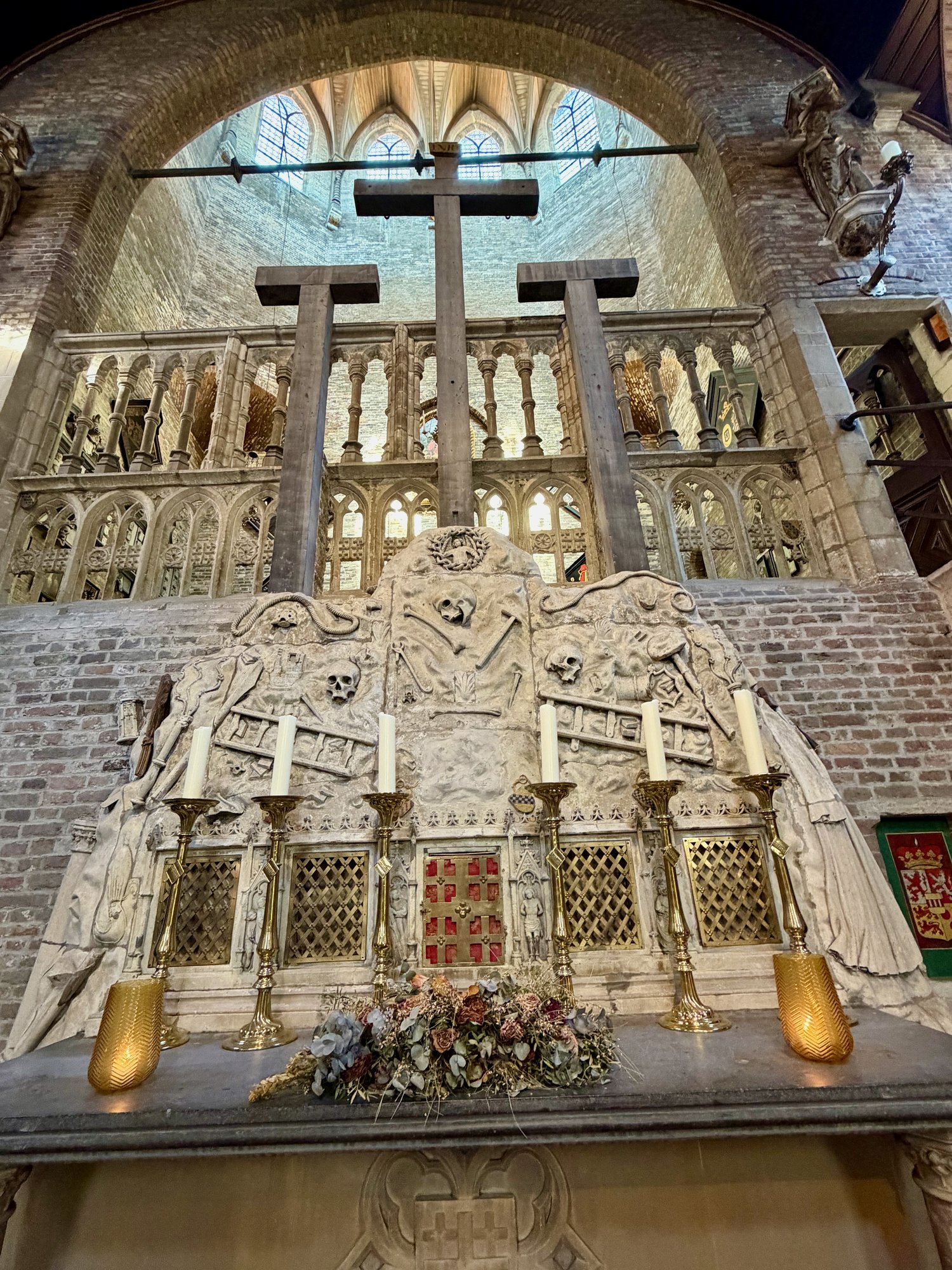 The Passion altar carved with skulls and bones, Jeruzalemkerk, Bruges. Photo by JFPenn