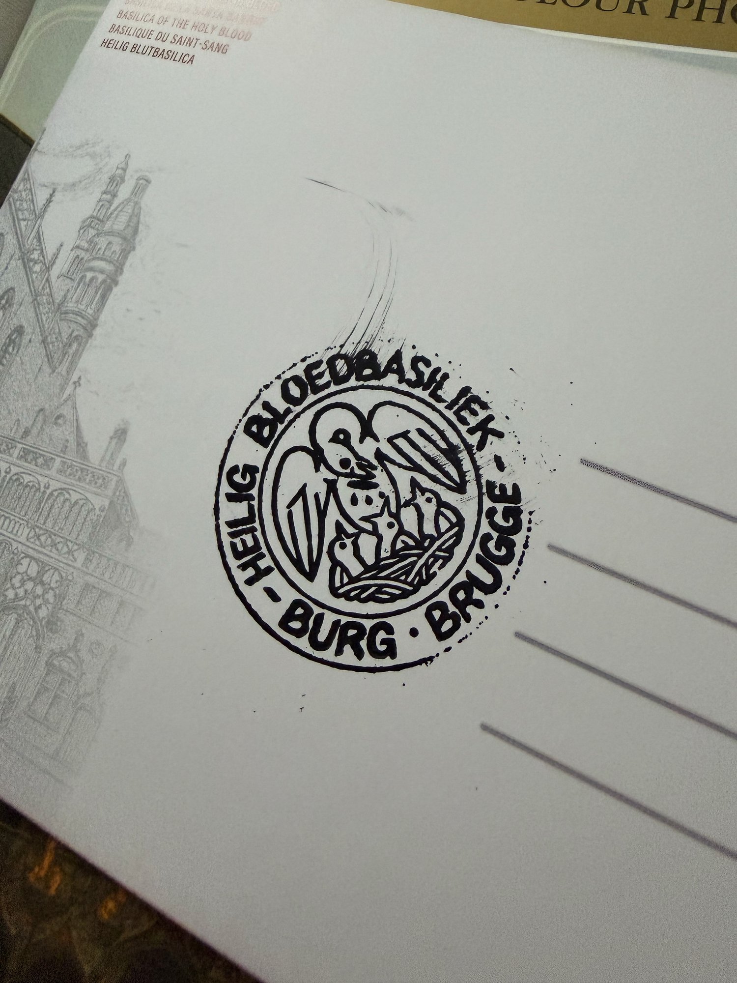 Pelican stamp of the Basilica of the Holy Blood, Bruges. Photo by JFPenn