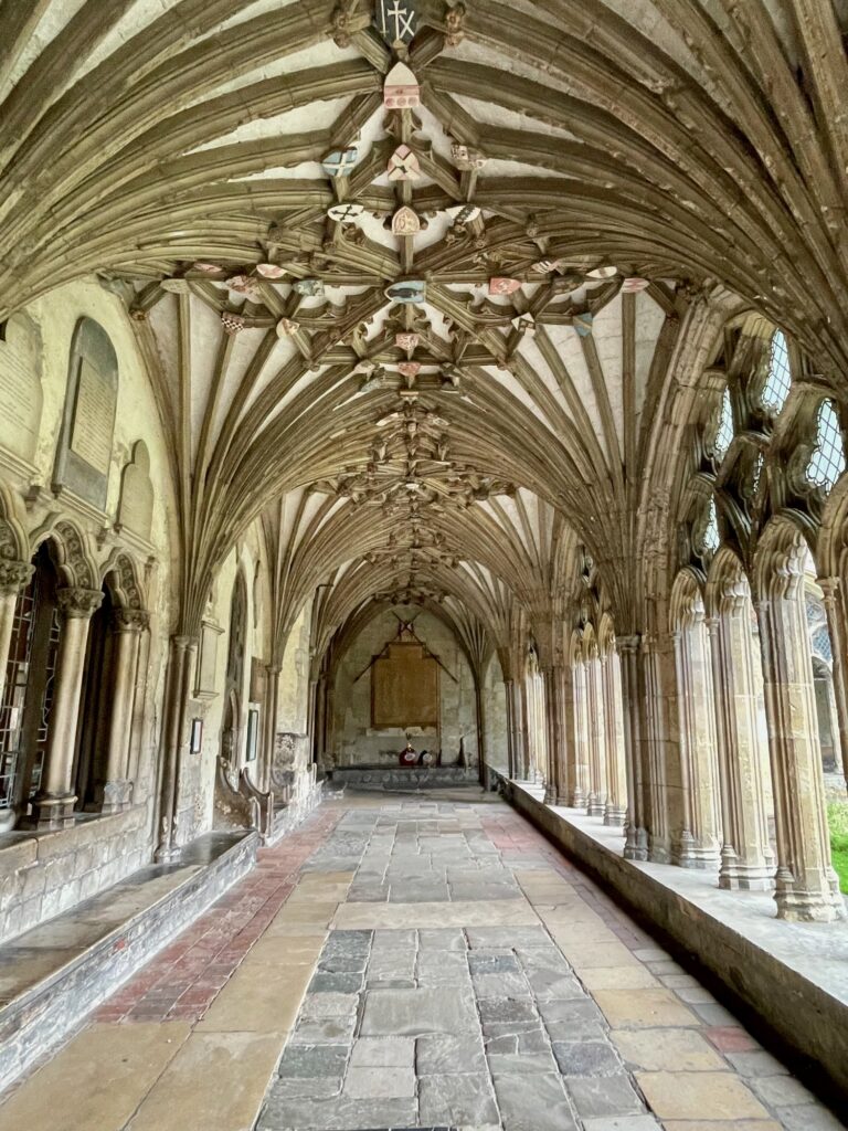 Heraldic shields on the Great Cloister vault, Canterbury Cathedral. Photo by JFPenn