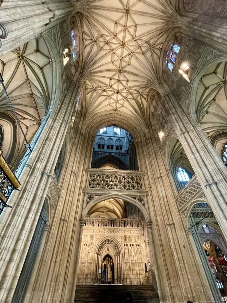 Nave looking east to the strainer arch and pulpitum, Canterbury Cathedral. Photo by JFPenn