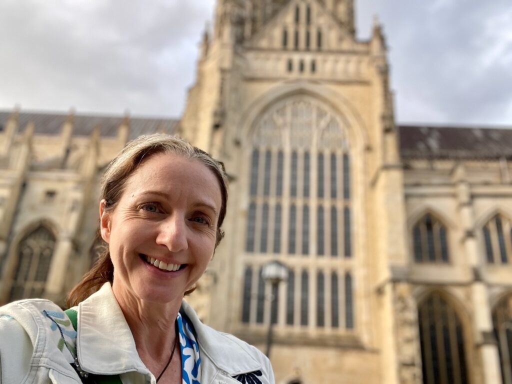 Jo Frances Penn below the Great South Window, Canterbury Cathedral. Photo by JFPenn