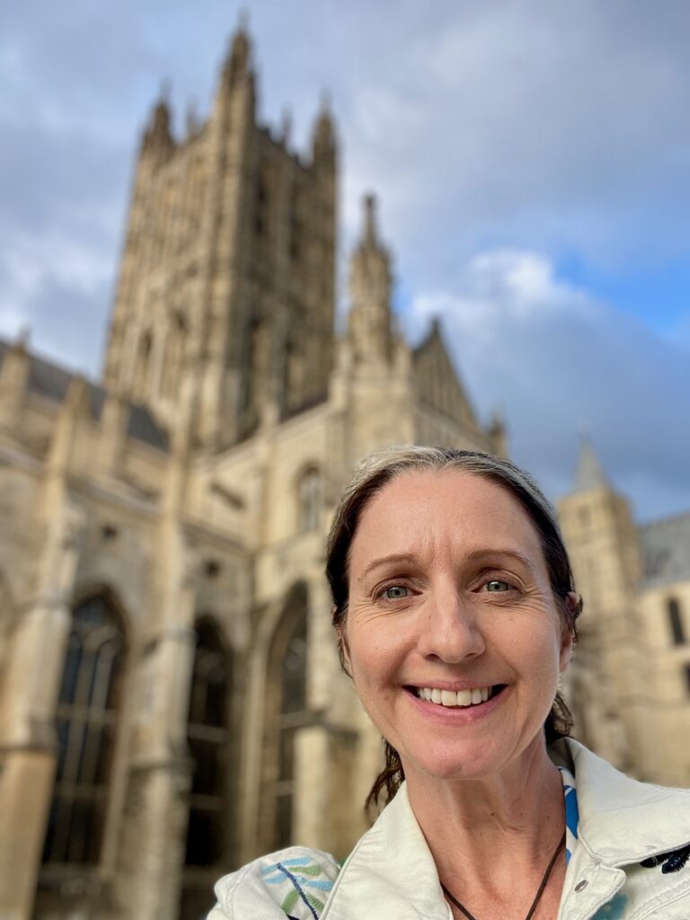 Jo Frances Penn below Bell Harry Tower, Canterbury Cathedral. Photo by JFPenn