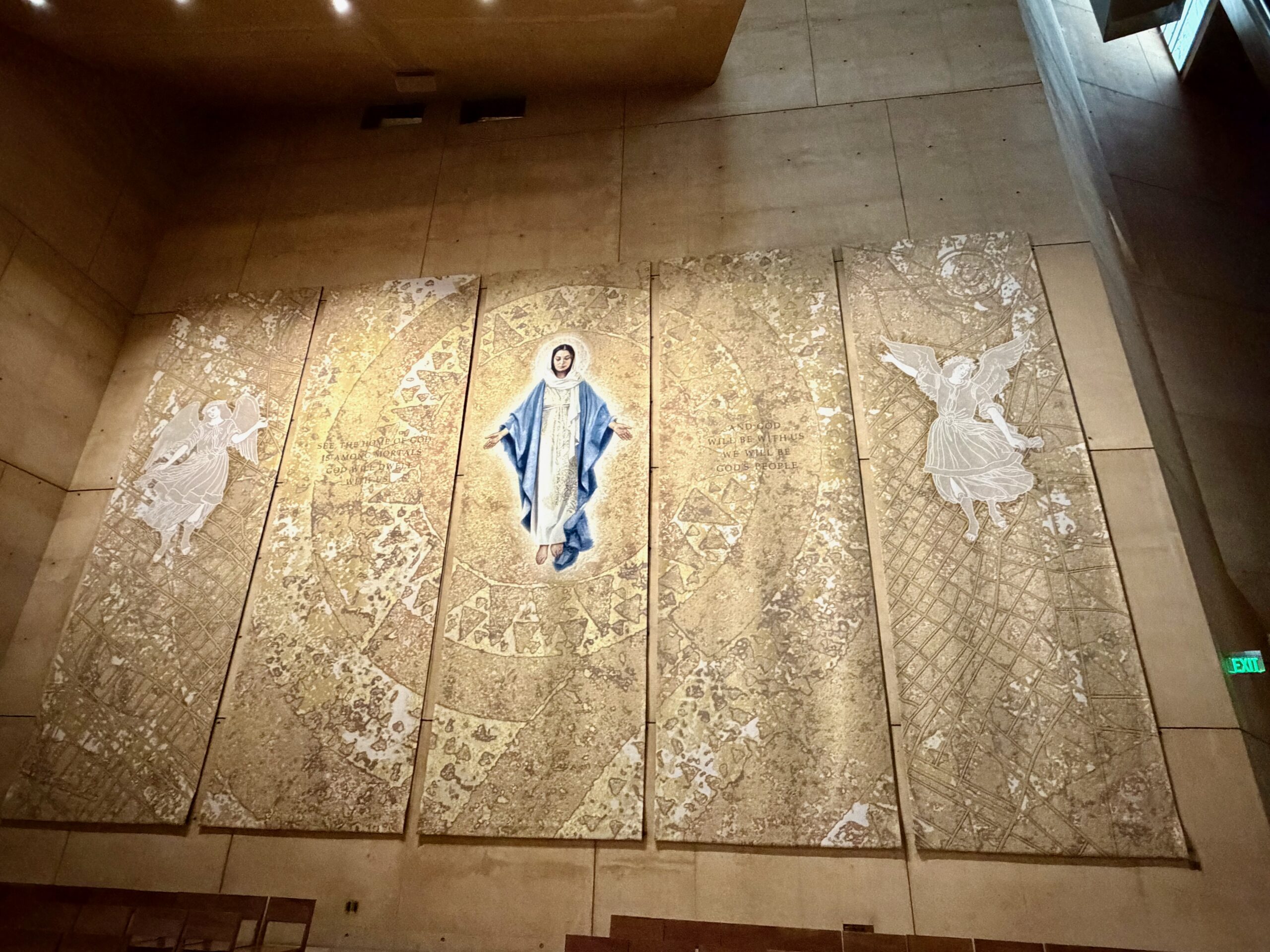 Our Lady of the Angels tapestry behind the altar, Cathedral of Our Lady of the Angels. Photo by JFPenn