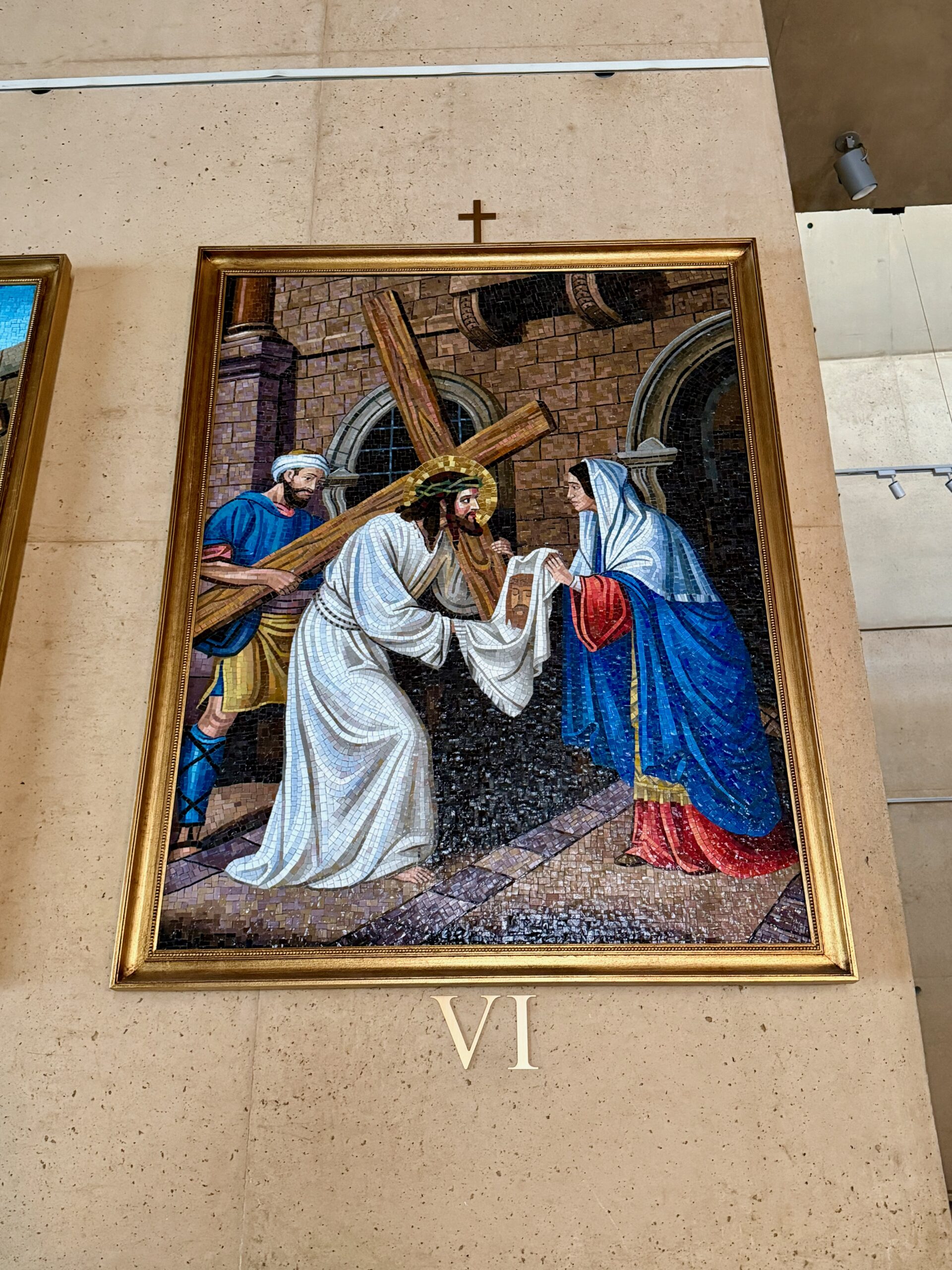 Station VI mosaic, Veronica wipes the face of Jesus, Cathedral of Our Lady of the Angels. Photo by JFPenn