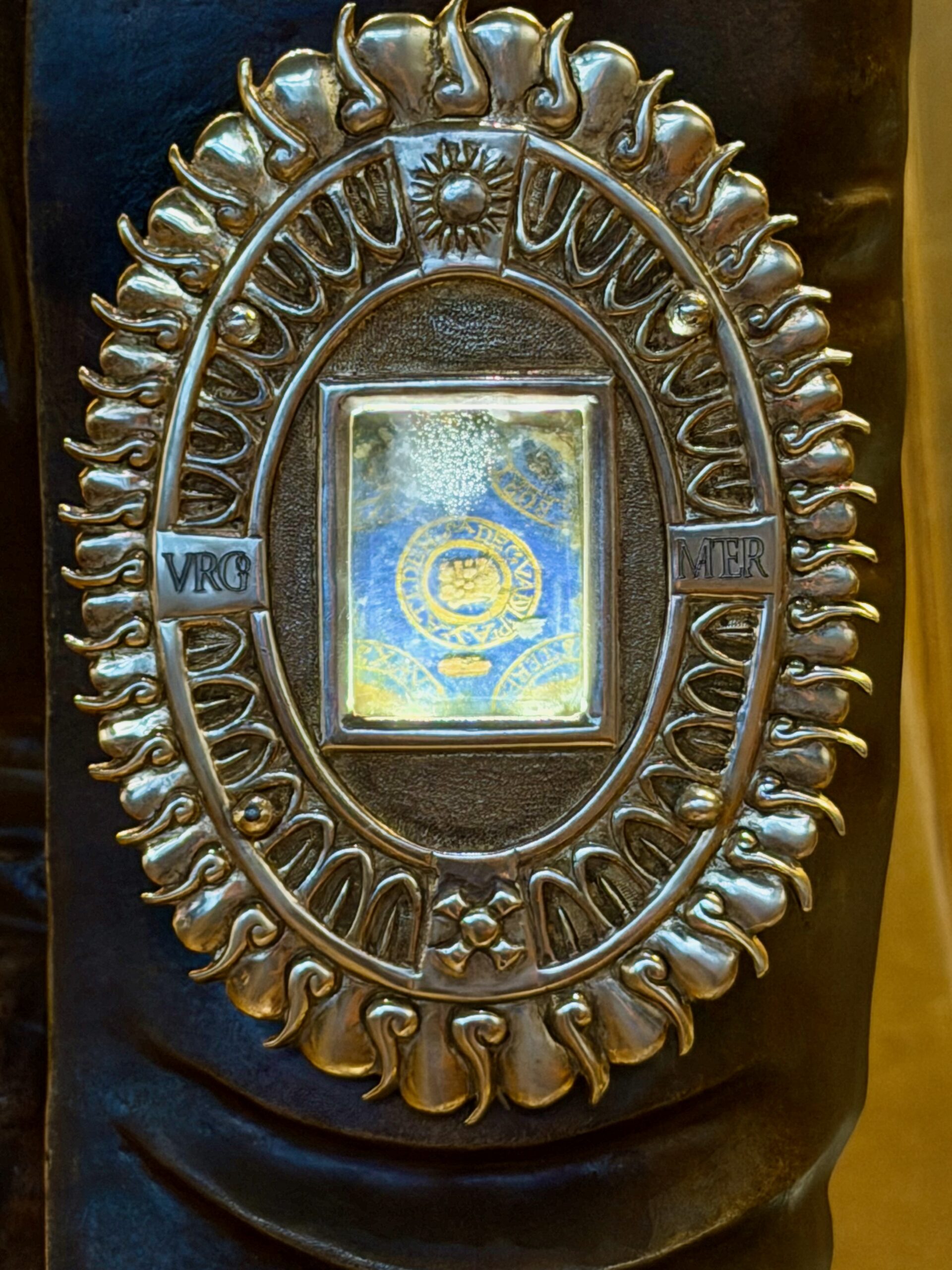 Reliquary holding the fragment of St Juan Diego's tilma, Cathedral of Our Lady of the Angels. Photo by JFPenn
